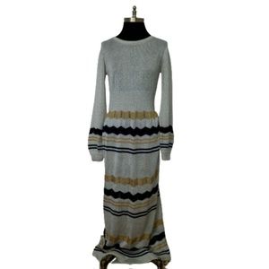 Vtg 70s Wenjilli Metallic Knit Geometric Stripe Maxi Dress S